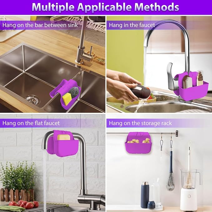 Sponge Holder for Kitchen Sink, Silicone Sink Saddle Caddy Organizer Rack, Sponges Holder Over Faucet, Hanging Kitchen Organizer Accessories Rack Basket Purple - Image 4