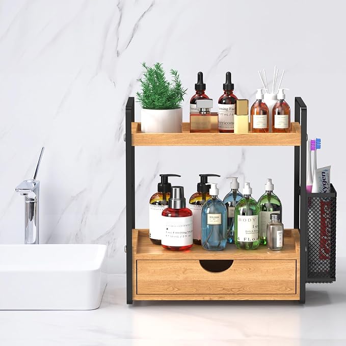Bathroom Counter Organizer with Drawer and Basket,Wood Countertop Organizer for Bathroom Decor Makeup Tray for Perfume Skincare Bedroom Kitchen Corner - Image 7