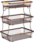 3 Tier Fruit Basket for Kitchen Counter with 2 Banana Hangers, Countertop Metal Fruit Bowl with Wooden Handle, Large Storage Stand for Vegetables, Snacks, Breads, Produce Storage – Brown by Unknown