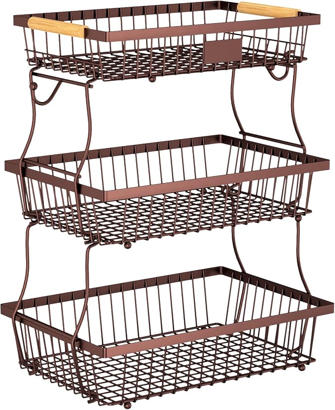 3 Tier Fruit Basket for Kitchen Counter with 2 Banana Hangers, Countertop Metal Fruit Bowl with Wooden Handle, Large Storage Stand for Vegetables, Snacks, Breads, Produce Storage – Brown by Unknown