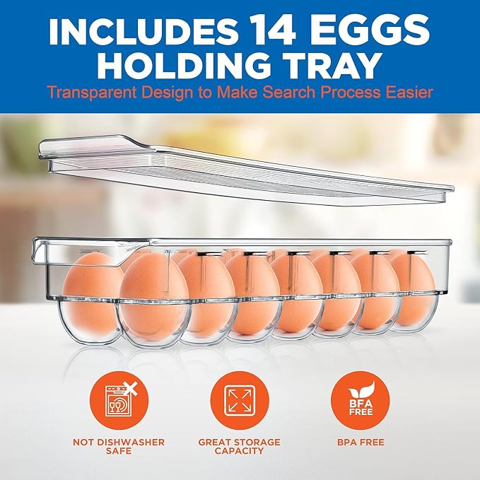 NutriChef Refrigerator Organizer Bins 6-Piece - Plastic Storage Bins with Egg Holder - For Fridge, Freezer, Kitchen, Cabinet, Countertops, Pantry - Stackable Food & Drink Containers, 14.5"x7" - Clear - Image 7