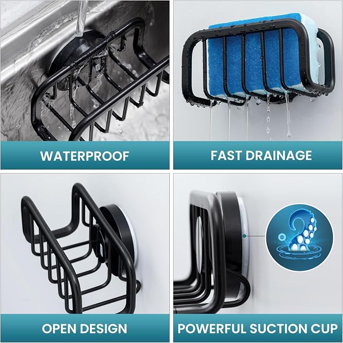 TAILI Rustproof Sponge Holder for Kitchen Sink with Suction Cup-Black | Rustproof Aluminum Sink Caddy for Sponges, Brushes, Stoppers & Scrapers,Removable Ventilated Quick-dry Design, Holds Up 11lbs - Image 5