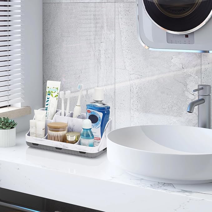 GFWARE Marble Bathroom Countertop Organizer - Detachable 7 Slots Kids Electric Toothbrush and Toothpaste Holde Drainage for Bathroom Accessories Organization Counter Vanity Storage, Grey | Detachable 7 Slots Kid Electric Toothbrush and Toothpaste Holde... - Image 6