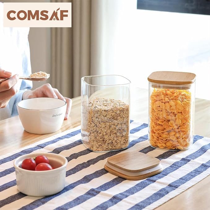 ComSaf Square Glass Containers With Lids 1.2 Qt, Set of 4 Pantry Galss Jars | Kitchen Glass Pantry Storage Containers, Storage Canisters, Silicone Seal, Dry Food, Cookie, Flour, Spice, Coffee, BPA Free - Image 5