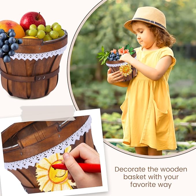 Wooden Baskets 7" x 6", 6 Pack Brown Apple Harvest Baskets | Round Handled Baskets Hold Produce, Flowers, Easter Eggs Or Favors for Farms, Markets, Weddings, Parties and Decor - Image 4