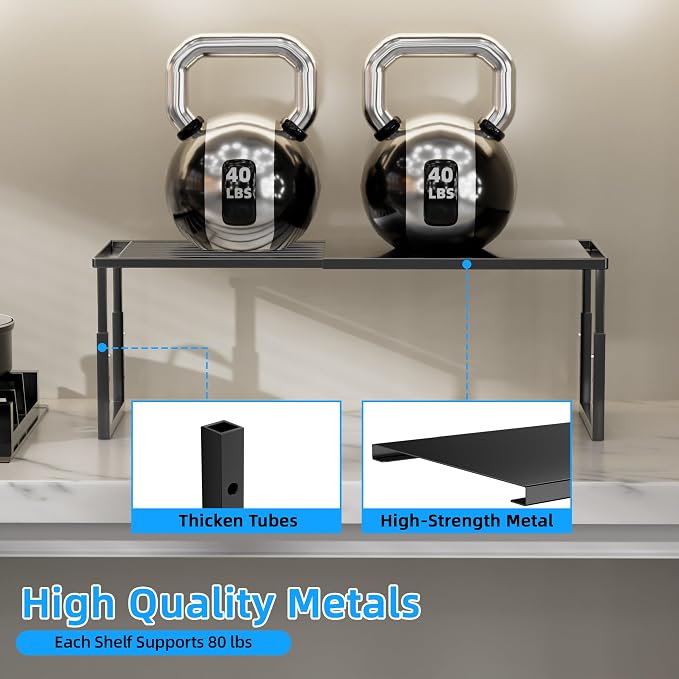 Cabinet Shelf, 1 Pack Expandable Shelf for Kitchen Storage | Stackable & Height Adjustable Cabinet Organizer Shelf | Metal Shelf Organizer | Black Spice Rack for Pantry Storage - Image 3