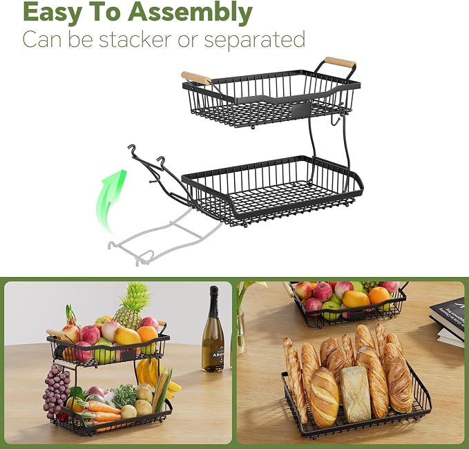 Simple Trending Fruit Basket 2-Tier Detachable, with Banana Hangers & Rust-Proof Metal Mesh, Ventilated Kitchen Organizer for Countertop, Perfect for Fruits, Vegetables, Snacks Storage - Image 7
