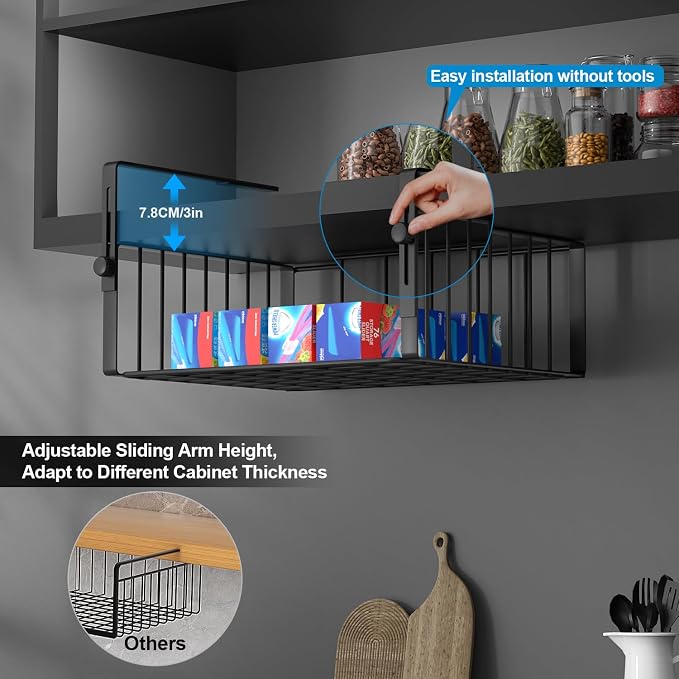 AmonHouseware 2Pack Under Shelf Basket Storage,Adjustable Hanging,Black | Under Cabinet Shelf Add-on, Slide-in Baskets,Organizer for Laundry Room Kitchen Pantry Desk Bookshelf Counter Cupboard - Image 2