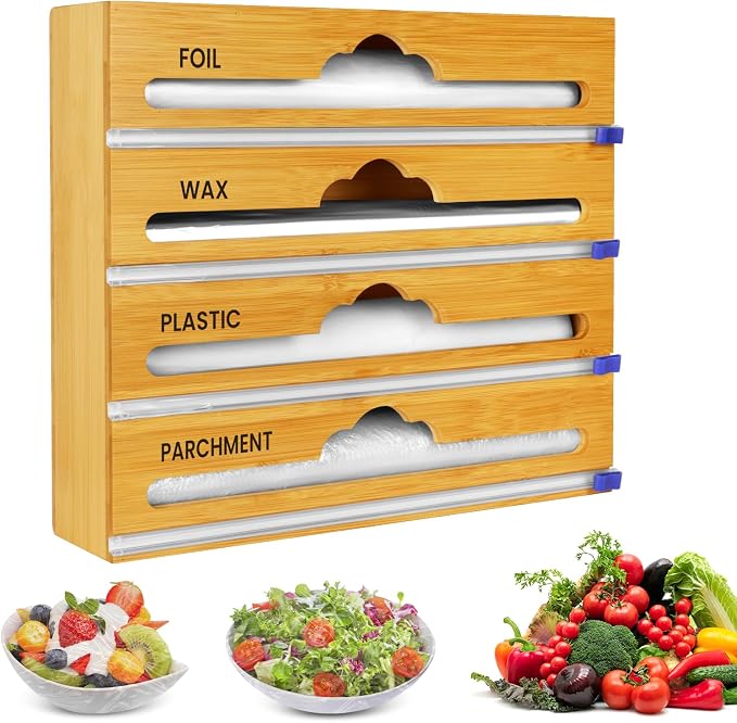 Bamboo 4 in 1 Saran Wrap Dispenser with Cutter & Labels - Foil & Plastic Wrap Organizer - Aluminum Foil Wax & Parchment Wrapping Paper Storage for Kitchen Drawer - 12" Roll by Onestopkitchensolution