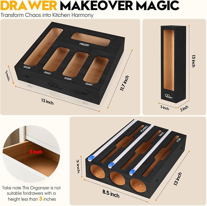 9 in 1 Foil and Plastic Wrap Dispenser with Cutter, Black Bamboo Ziplock Bag Organizer for Drawer - Holds Gallon, Quart Bags & Aluminum Foil/Wax Paper, Wall Mountable Kitchen Storage - Image 2