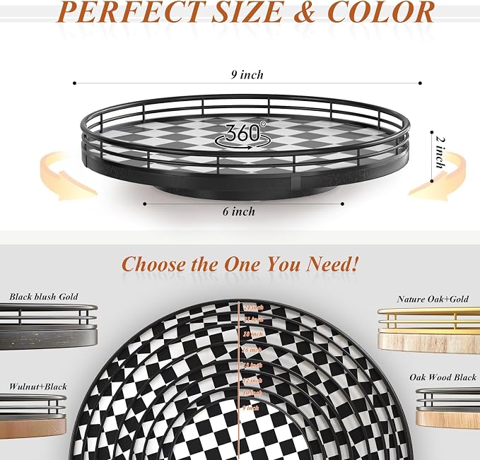AMH 9-Inch Black and White Checkerboard Lazy Susan with Oak Base | Smooth rotating oak tray with walnut finish for dining tables, kitchen counters, pantries and cabinet storage. - Image 6
