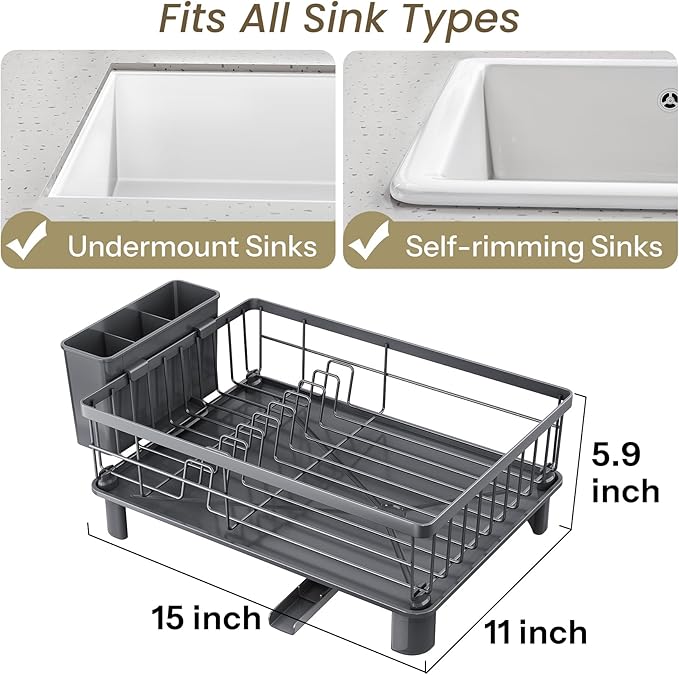 SNTD Dish Drying Rack for Small Kitchen Counter, 11" W x 15" L, Grey | Space Saving, Rotating Spout & Angled Drainboard for Quick Drainage, Stainless Steel, Removable Utensil Holder - Image 2