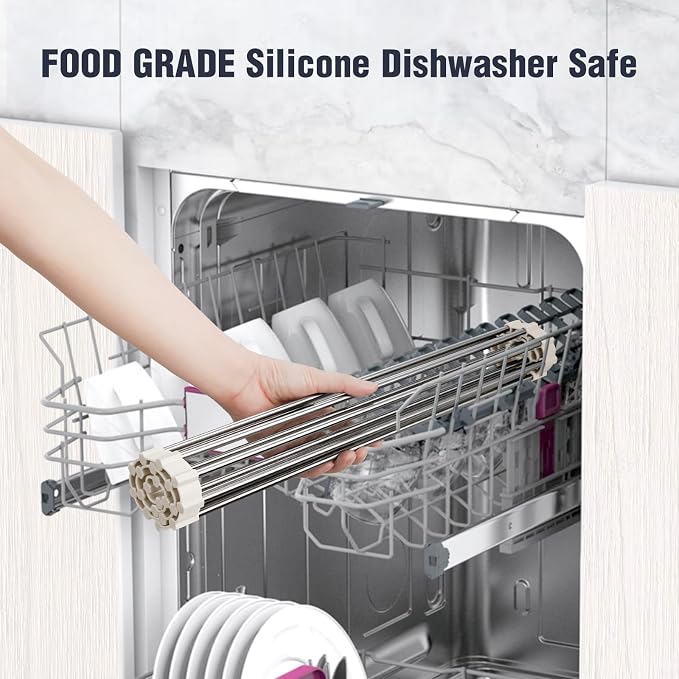 Tomorotec Roll Up Dish Drying Rack Over Sink, 304 Steel, 17.7x15.5, White | Anti-Slip Silicone Rims For Grip, Heat-Resistant Trivet Mat Holding Heavy Cookware, Rustproof Kitchen Counter Space Saver - Image 7