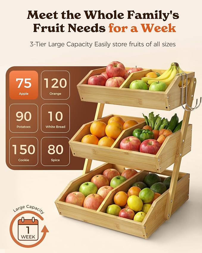 3-Tier Bamboo Fruit Basket with 2 Banana Holders | Large tiered organizer for bread, snacks, veggies. Sturdy bamboo, includes mats & dividers. Easy to assemble. - Image 3