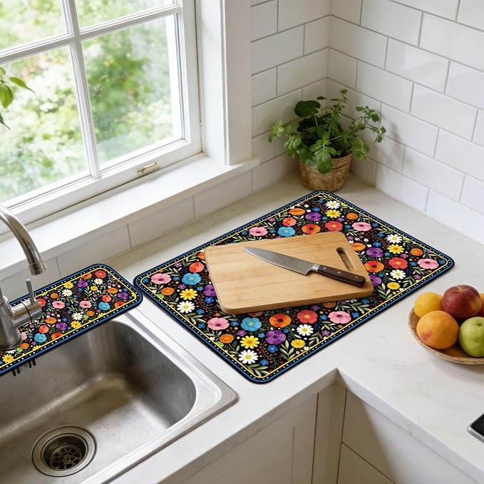 3 Pcs 2 Size Kitchen Sink Splash Guard Faucet Mat Bohemian Flowers Pattern Faucet Mats for Sinks Colorful Flower Absorbing Drying Mat for Kitchen Bathroom - Image 5