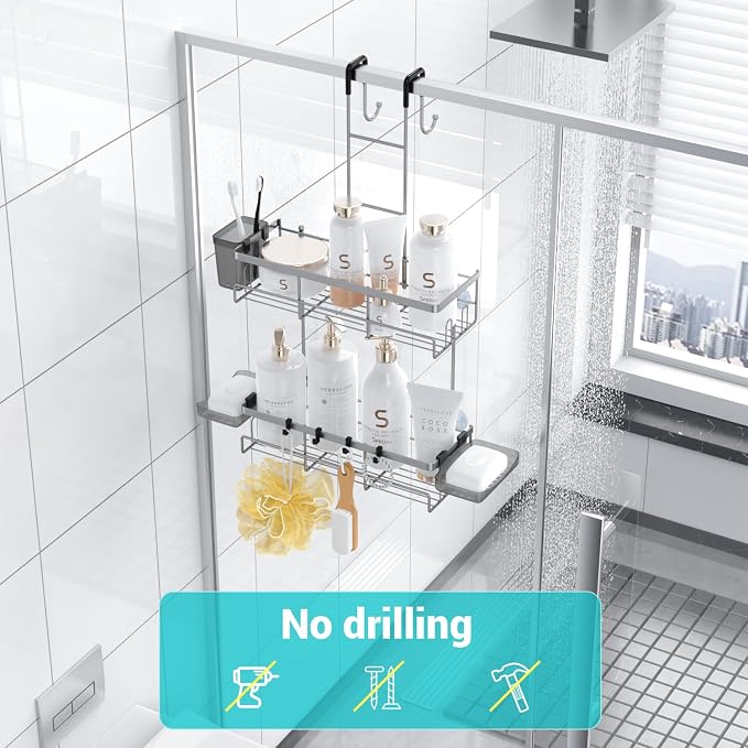 Aitatty Hanging Shower Caddy Over Door: No Drill Rustproof Shower Shelf | Includes Hooks & Soap Holders for Shampoos, Conditioners and Bathroom Essentials, Anti-Slip for Any Shower Room - Image 4