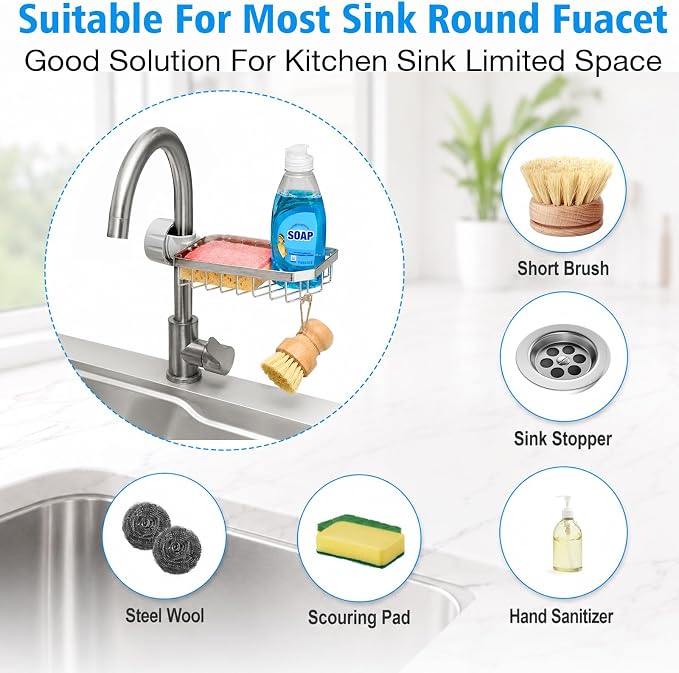 Kitchen Sink Sponge Holder over Faucet Caddy Organizer for Round Faucet - Image 4