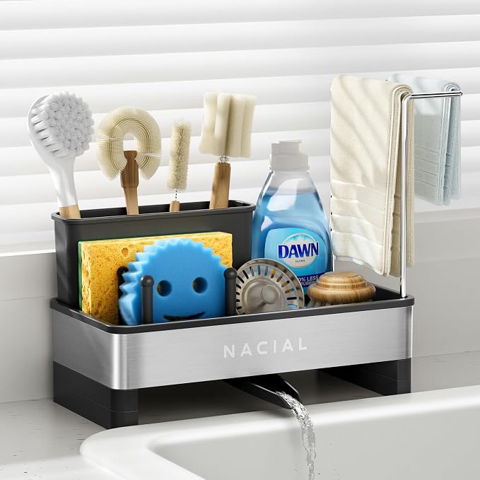 Nacial Kitchen Sink Organizer, Sink Caddy with Sponge & Tall Brush Holder | 304 Stainless Steel Kitchen Countertop Organizer with Double-Bar Towel Holder, Stores Sponge, Brush, Towel & Sink Essentials by NacialPromise-Consumersfirstalways