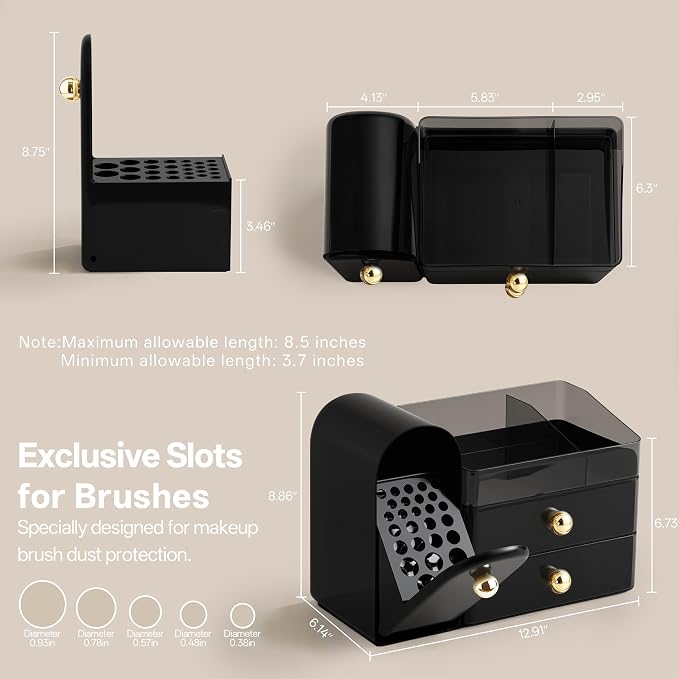 HBlife Makeup Organizer Countertop with Drawers, Cologne Organizer for Men, Vanity Organizers with Brush Holder, Bathroom Countertop Organizer Skin Care Storage, Gift for Dad Husband, Black and Gold - Image 3