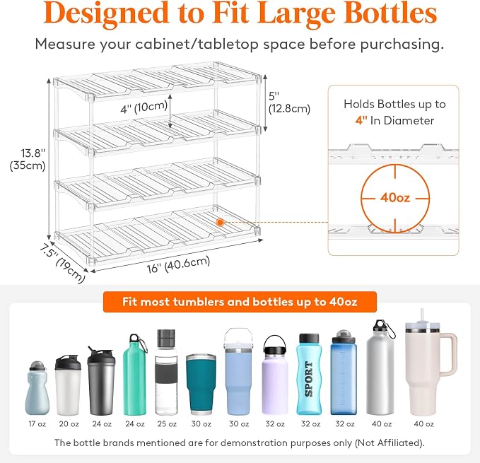 Lifewit Stackable Bottle Storage Organizer, Clear Freestanding Wine Holder for Cabinet, Large Slot Water Bottle Tumbler Organizer for Pantry, Plastic Wine Rack for Fridge Cellar, 4Tier Hold 16 - Image 2