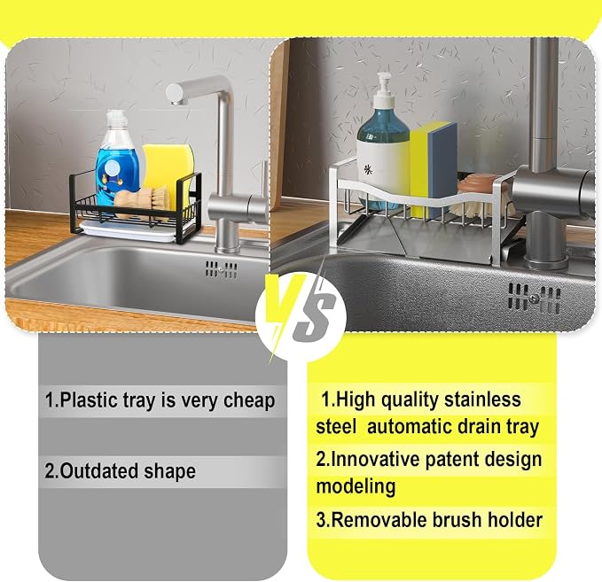 Kitchen Sink Caddy Organizer Sponge Holder for Kitchen Sink with Stainless Steel Auto Drain Tray, Self Drain Dish Soap Sponge Caddy Rack for Countertop Storage Gadgets Silver Grey - Image 4