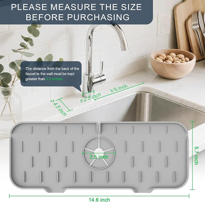 Kitchen Sink Splash Guard - Silicone Faucet Mat for Kitchen Sink Light Gray | Water catcher mat, Sink drain pad behind faucet, Sink rubber mat around faucet guard & draining mat, bathroom sink protector - Image 2