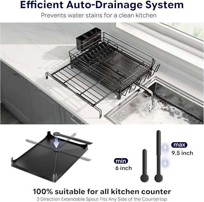 Simple Trending Dish Drying Rack - Expandable Dish Rack for Kitchen Counter, Large Capacity Dish Drainer, Stainless Steel Dish Strainer with Utensil & Cup Holders, Black - Image 5