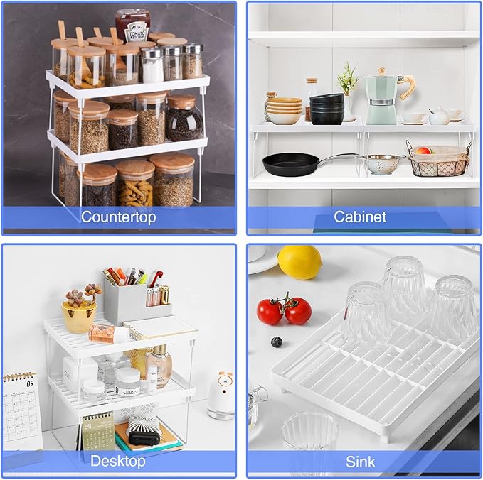 NiHome 4-Pack Stackable Plastic Kitchen Storage Shelf Foldable Rack, White | Stackable Kitchen Cabinet Organizer and Storage Shelves, Expandable Storage Racks for Counter Cabinet Pantry - Image 2