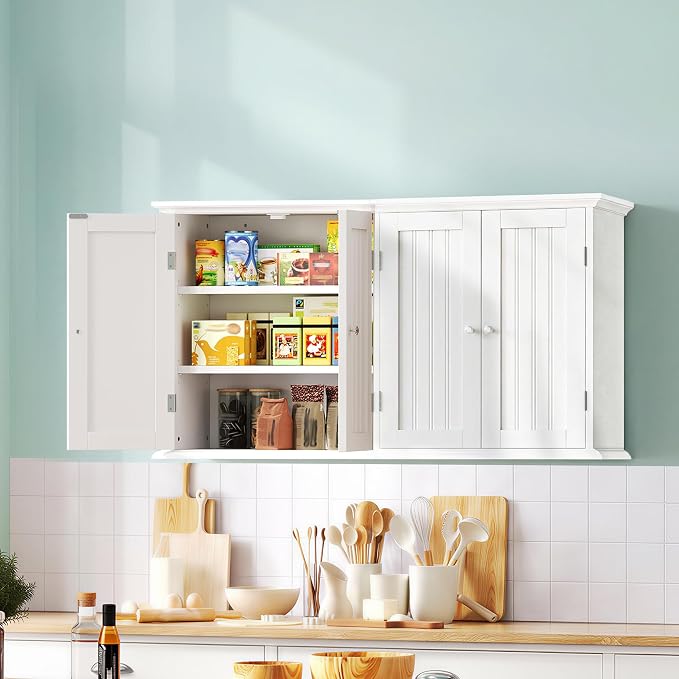 ChooChoo Laundry Cabinet with 4 Doors and Adjustable Shelves | 9.06"D x 40.9"W x 24"H, Bathroom Wall Cabinet, Cupboard, White - Image 2