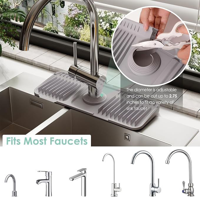 14.6-Inch Silicone Faucet Mat for Kitchen Sink Splash Guard, 7° Slope | 14.6"x5.5" water draining mat with fasten button; 1.6-2.75" customizable hole for bathroom, RV & kitchen sink drip catcher. - Image 3