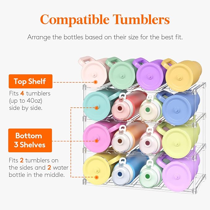 Lifewit Stackable Bottle Storage Organizer, Clear Freestanding Wine Holder for Cabinet, Large Slot Water Bottle Tumbler Organizer for Pantry, Plastic Wine Rack for Fridge Cellar, 4Tier Hold 16 - Image 4