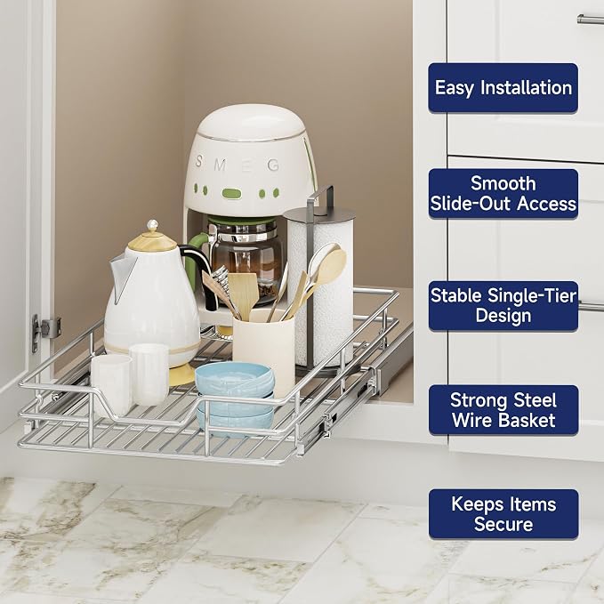 Pull Out Cabinet Organizer, 12.5" W x 21.5" D, Heavy Duty Chrome Slide Out Shelf for Narrow Base Cabinets, Sliding Wire Basket Drawer for Spices, Bottles, Snacks & Cleaning Supplies - Image 4