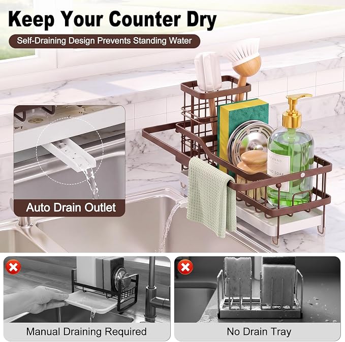 Sponge Holder for Kitchen Sink, Self-draining Sink Caddy with Towel Rack and Brush Holder, Metal Kitchen Countertop Organizers and Storage Essentials, Bronze - Image 3