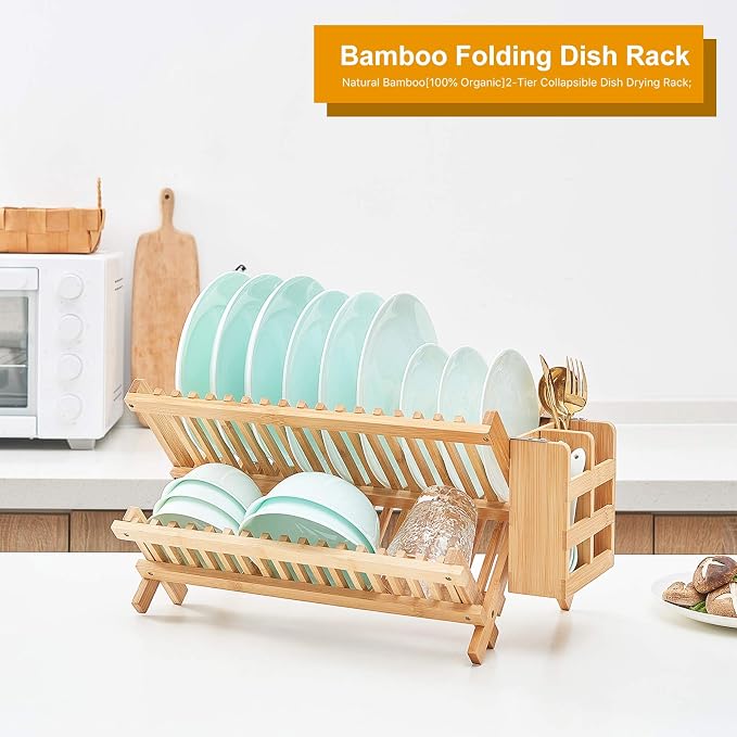 Bamboo Dish Drying Rack, 2 Tier Collapsible Dish Rack with Utensil Holder, Wooden Dish Drying Rack for Kitchen Counter, Large Folding Drying Holder, Dish Drainer 34 pcs Grid | Wooden Dish Drying Rack with Utensil Holder for Kitchen Counter, Large Foldi... - Image 2