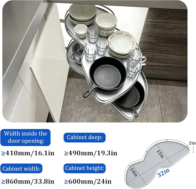 Blind Corner Cabinet Pull Out Organizer, for Door Opening 14.2"-16.1" / Cabinet Internal Width ≥29.9" / Depth ≥18.9" / Height 23.6"-29.5", Left/Right Adjustable Magic Corner Storage (Lift Pull Out) - Image 3