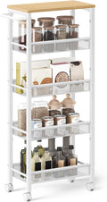 VASAGLE Slim Rolling Cart, 5-Tier Storage Cart, Narrow Cart with Handle, 8.7 Inches Deep, Metal Frame, for Kitchen, Dining Room, Living Room, Home Office, Oak Beige and Classic White ULRC035W09 by Unknown