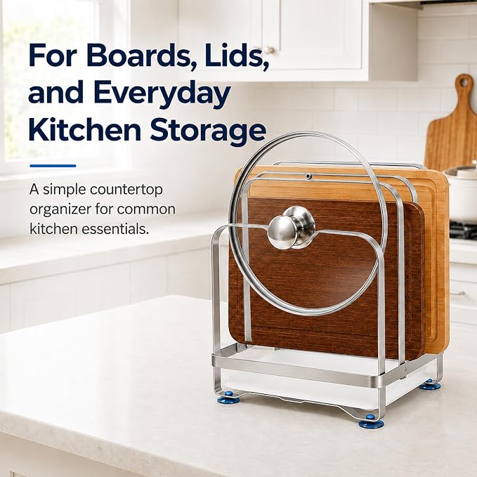 Cutting Board Organizer Rack with Draining Tray, 3 Slot | Stainless Steel Boards Holder for Kitchen Countertop, Heavy Duty Anti-Slip Stand for Thick & Thin Boards Pot Lid, Rustproof - Image 8