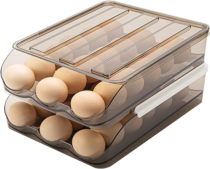 Egg Holder for Refrigerator Auto Scrolling Organizer Plastic Stackable Storage Container Reusable Clear Tray Box Basket Bin Lid Drawer Carrier Keeper(2 Layer) by memeyou