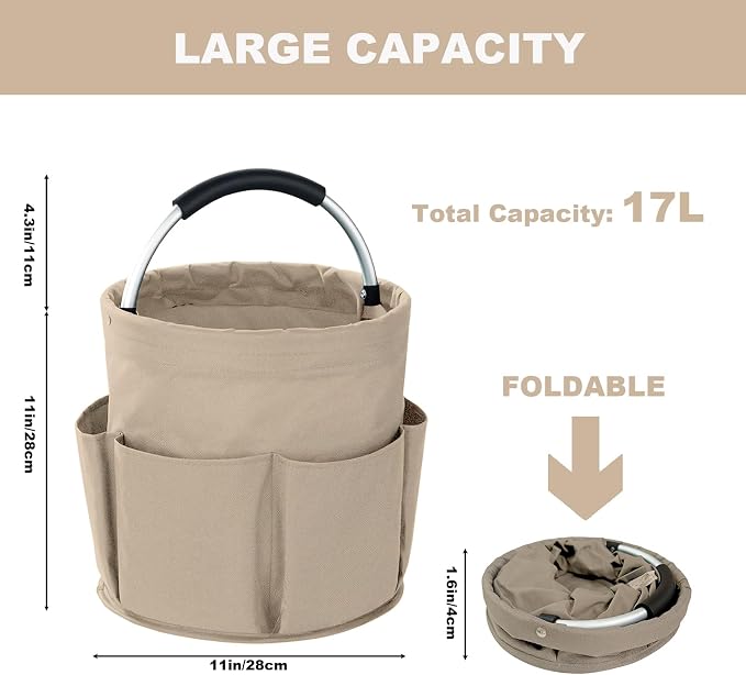 Cleaning Caddy with Handle, 17L Foldable Cleaning Supplies Organizer, Portable Storage Basket, Cleaning Supply Caddy, Multifunctional Cleaning Bucket Bag for Garden, Home, Kitchen (Khaki) - Image 4