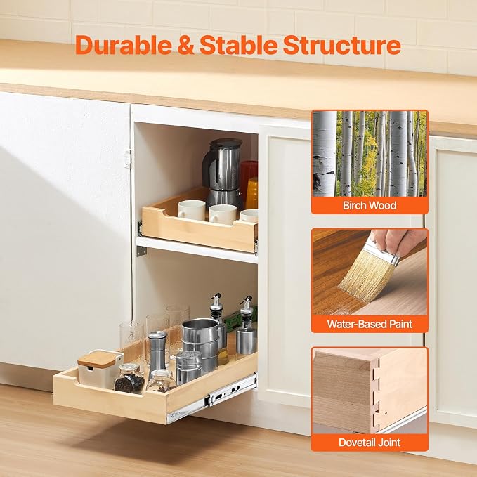 VEVOR Pull Out Cabinet Organizer, 14"W x 21"D Cabinet Drawer, Soft Close Slide out Shelf, Heavy-Duty Sliding Wood Drawer, Bottom Mount Size（14.5"W x 23"D）and Side Mount Size（15"W x 23"D） | Heavy-Duty Sliding Shelf with Bottom or Side Mounting for Organ... - Image 2