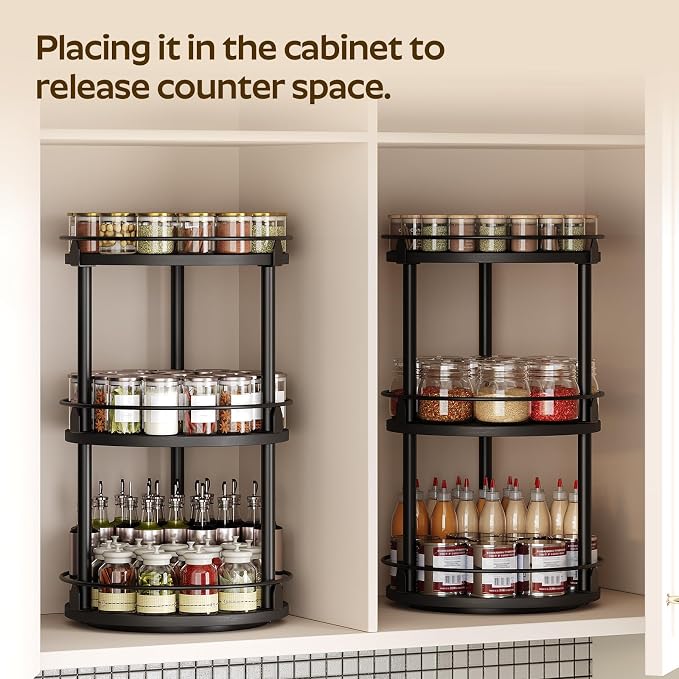 3-Tier Lazy Susan Organizer, Rotating Spice Rack, Spinning Organizer, Industrial Turntable Spice Rack Organizer for Cabinet, Kitchen Countertop, Pantry, Black SR23BK - Image 3