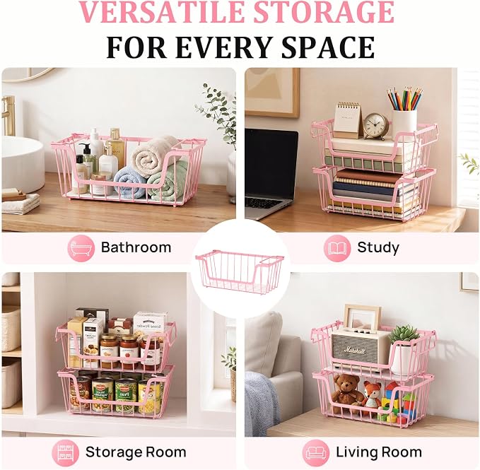 SUNALLY Stackable Storage Bins 6 Pcs Wire Baskets Freezer Organizer, Pink | Pantry Organizers Storage, Vegetable Fruit Storage Basket for Countertop, Kitchen Baskets for Onion Potato Snack Cans Storage - Image 7