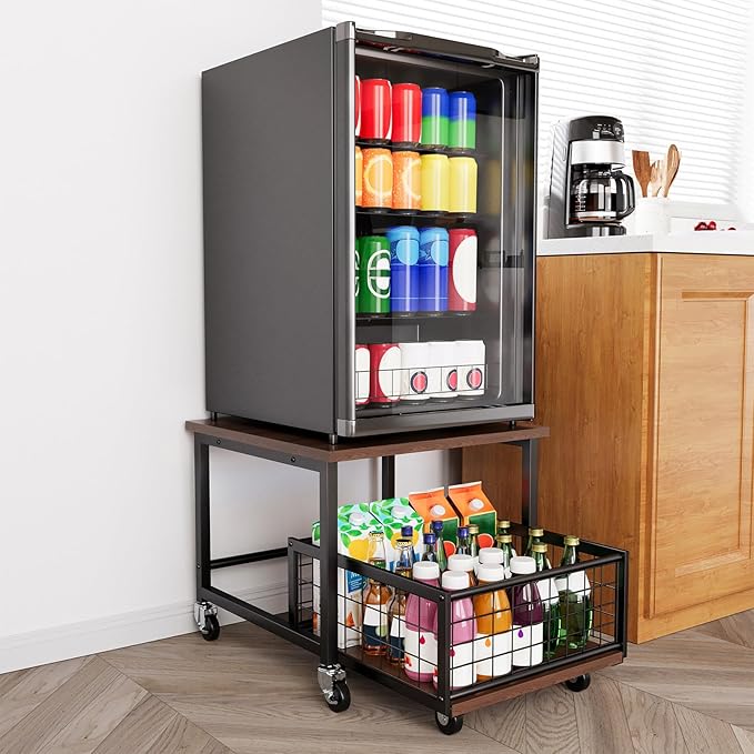 SpaceAid Mini Fridge Stand with Storage, 19.7" W x 19.7" D Heavy Duty Mobile Refrigerator Shelf Stand Table with Wheels, Fridge Cart Organizer with Drawer Basket for Home Dorm Office (Brown Wood) by SpaceAid