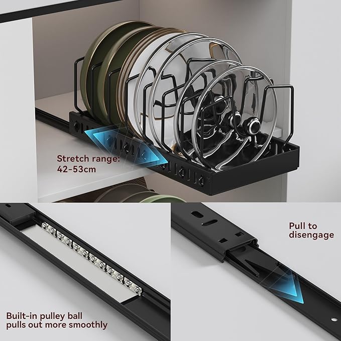 Black 2 Pack Pot Lid Organizer, Pull Out Cabinet Rack, 16 Dividers | 2-pack black carbon steel rack, 16 adjustable dividers, quiet slide rails, adhesive or screw mount for lids, pans, bakeware - Image 4