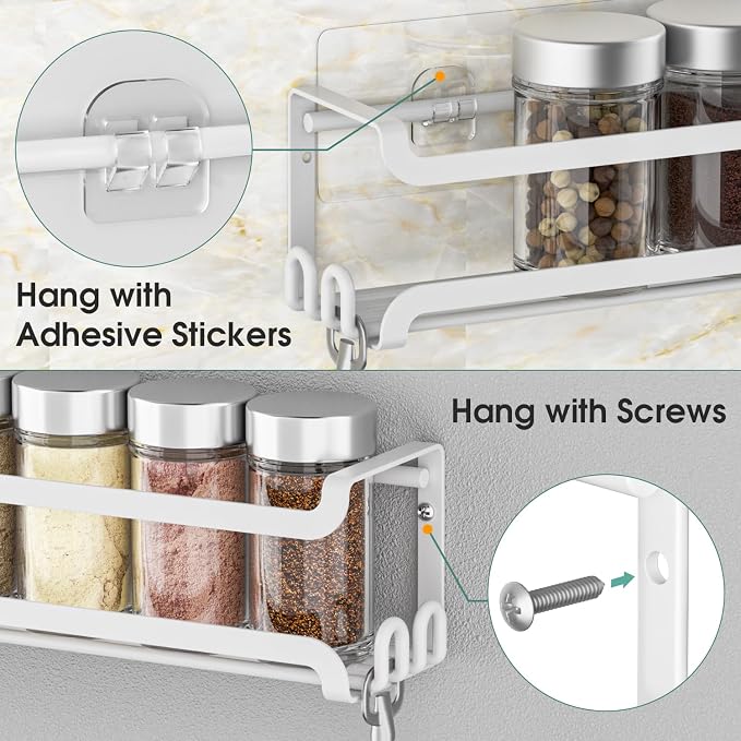 LUCYCAZ 4 Pack Wall Mounted Spice Rack for Kitchen Cabinet,RV,Camper,White | 16 Metal Hooks, Space-Saving,Screw or Adhesive Spice Shelf Hanging,for Pantry Door Spice Jars & Seasonings,11.41×2.75×2.36in - Image 6