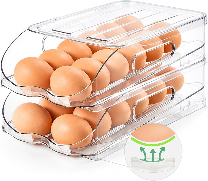 SMRCAD 24-Egg Dispenser with Silicone Bumpers, Auto-Rolling, Stackable | BPA-free food-grade PET | Stackable with lid | Built-in handle | Fits Large to Jumbo Eggs | Hand wash only by SMRCAD