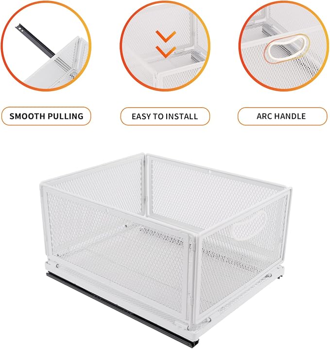 Sliding Cabinet Basket Organizer Drawer Self Adhesive Slide out Pantry Shelves Heavy Duty Carbon Steel Slide Cabinet Storage Basket with Handle for Bathroom Kitchen Home - Image 5
