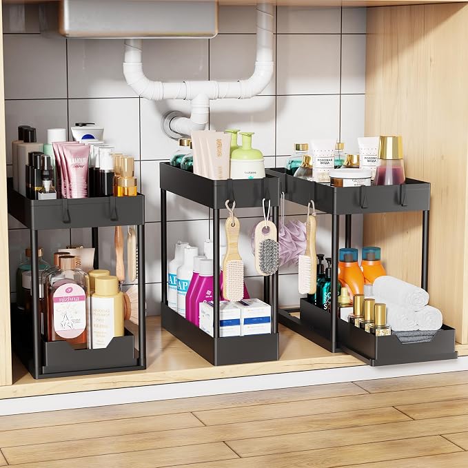 Simple Trending Under Sink Organizer 3 Pack, with Sliding Drawer, Black | 2 Tier Multi-Purpose Pull-Out Cabinet Organizer, Slide Out Storage Shelf for Kitchen Bathroom, Large Capacity, Easy Assembly by SimpleTrending
