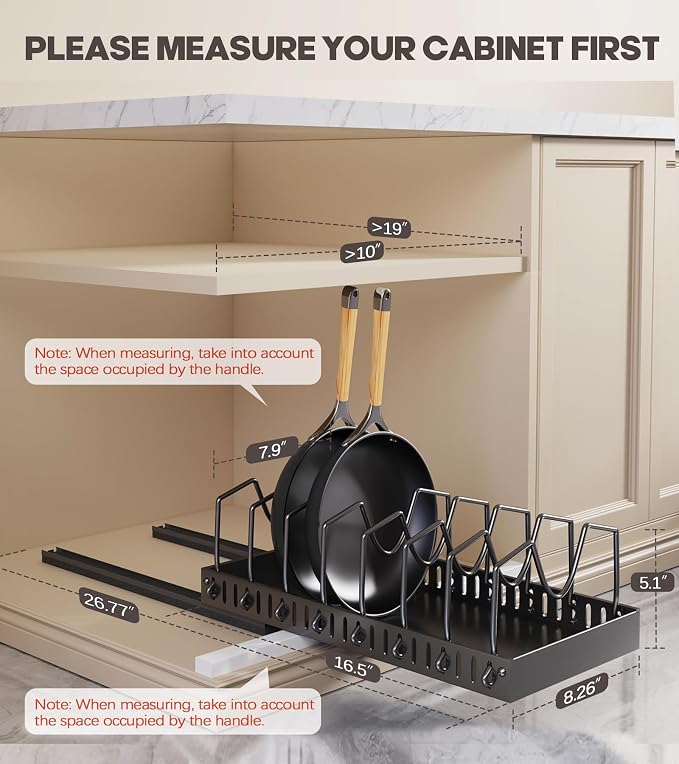Lozovin Pull Out Pots and Pans Organizer Under Cabinet, Sliding Lid Holder and Pan Rack in Kitchen, Slide Out Inside Cabinet Storage for Pot Lid, Bakeware, Dishes, 8 Adjustable Dividers, 2 Pack Black - Image 2