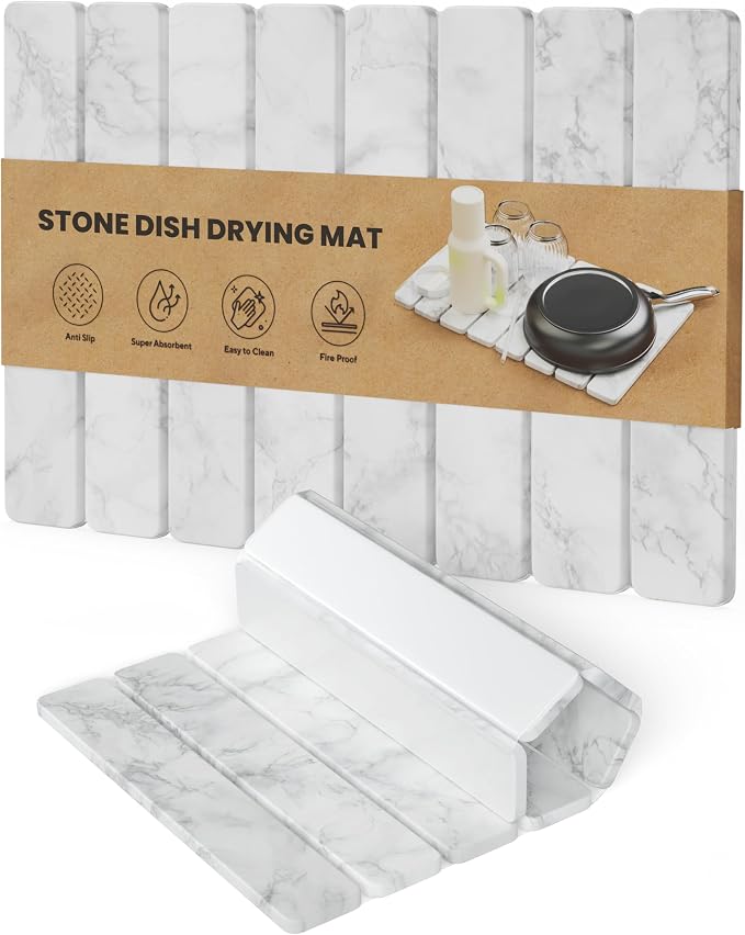 Stone Drying Mat for Kitchen Counter - Collapsible Diatomaceous Earth Dish Drying Stone - Fast Absorbent Stone Dish Drying Mat for Dishes and Pots (White Marble) by CHROMECLUB